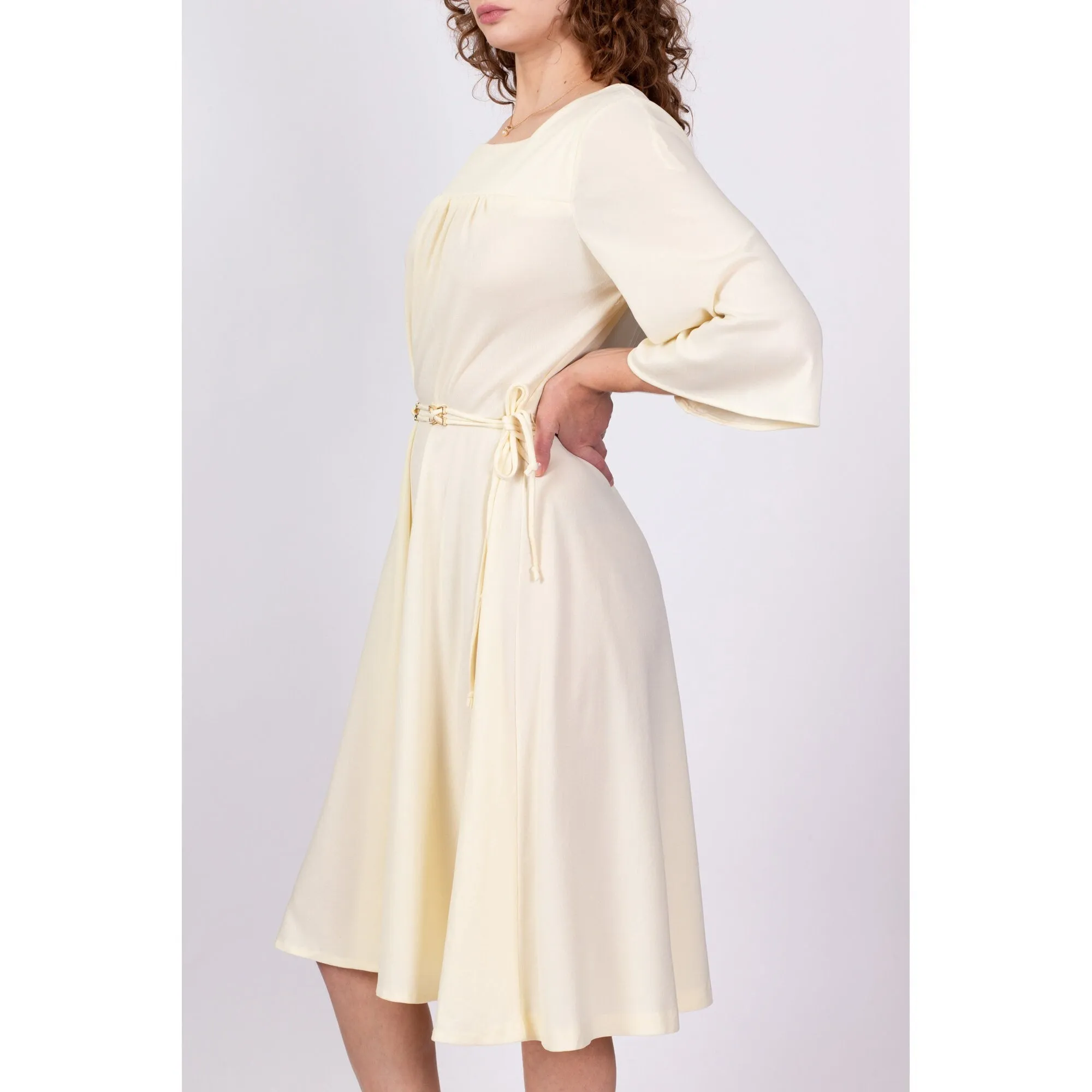70s Light Yellow Midi Disco Dress - Large