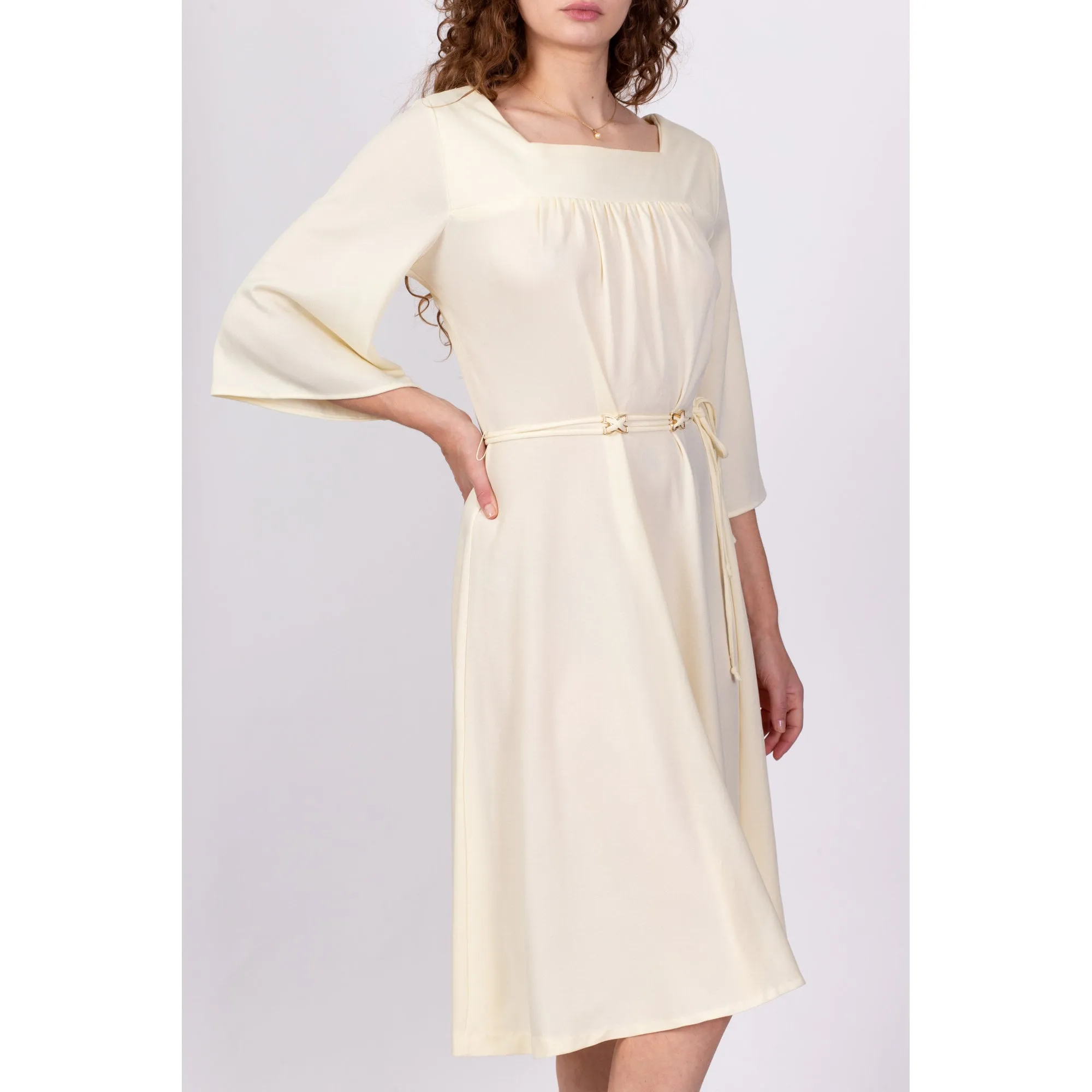 70s Light Yellow Midi Disco Dress - Large