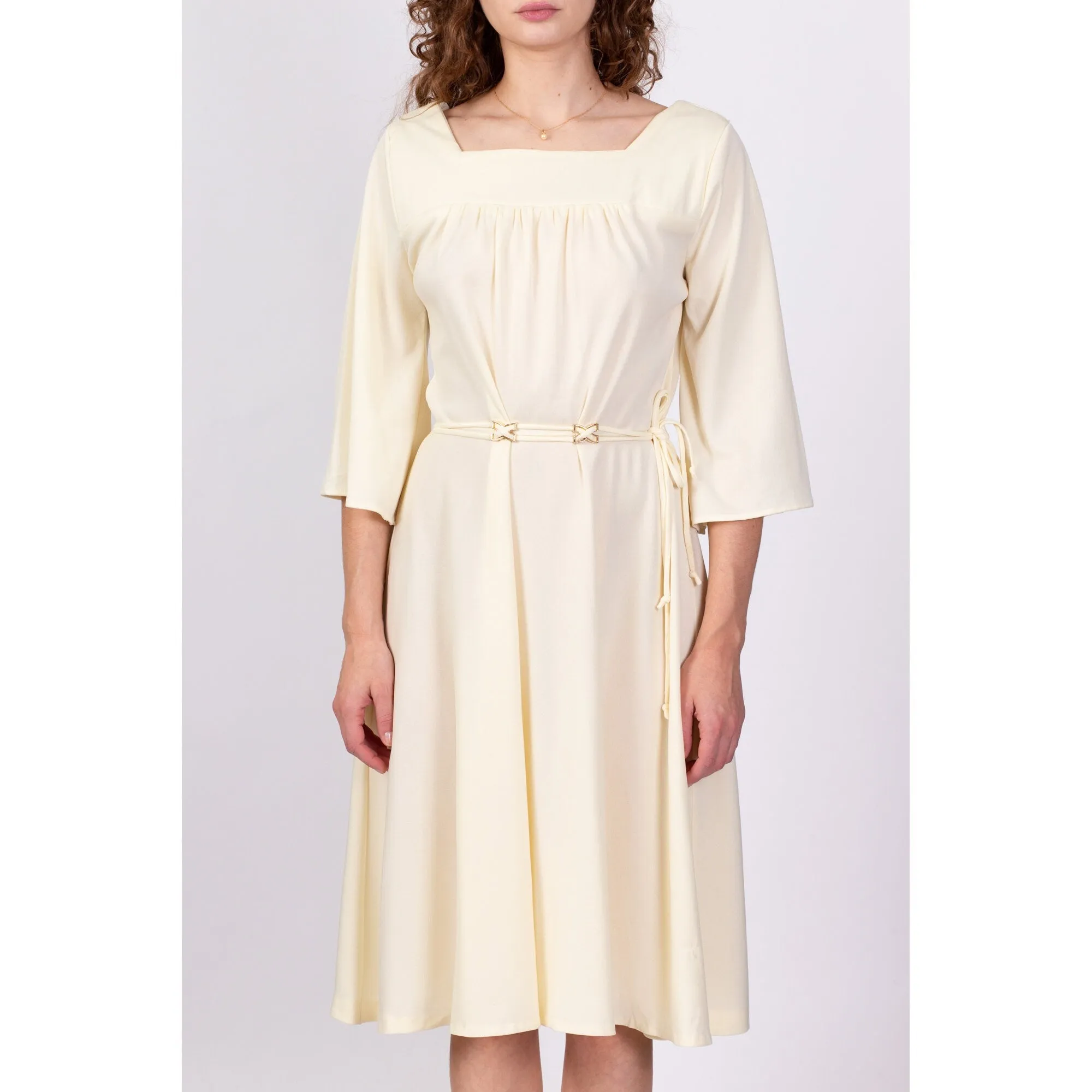 70s Light Yellow Midi Disco Dress - Large