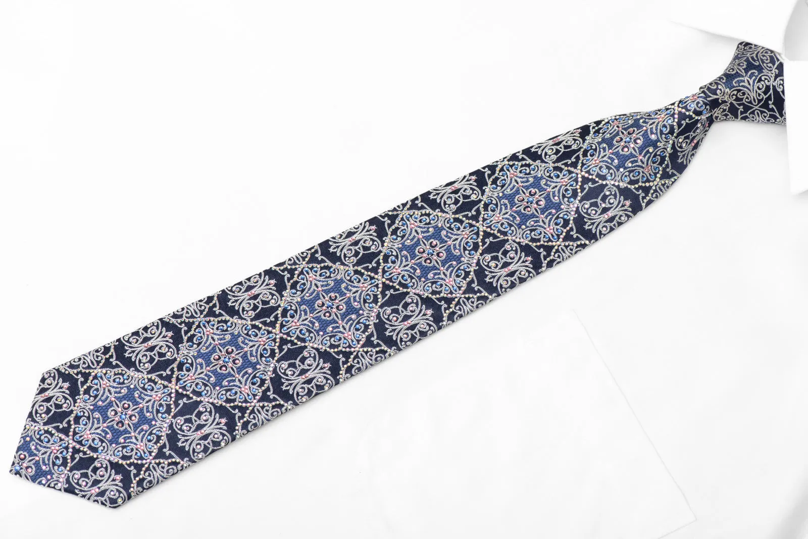 Arabesque On Blue Rhinestone Tie With Silver Sparkles