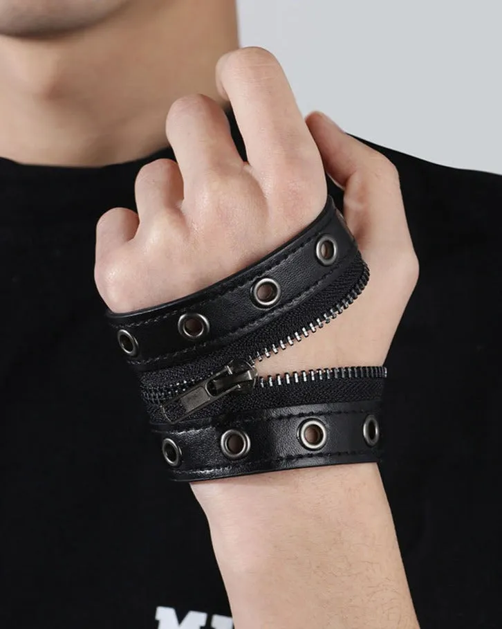 Black Vegan Leather Bracelet w/ Zipper and Grommet Details