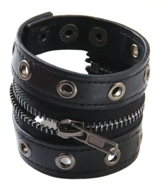 Black Vegan Leather Bracelet w/ Zipper and Grommet Details