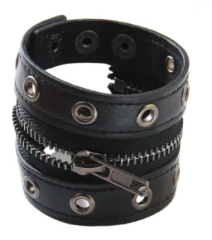 Black Vegan Leather Bracelet w/ Zipper and Grommet Details