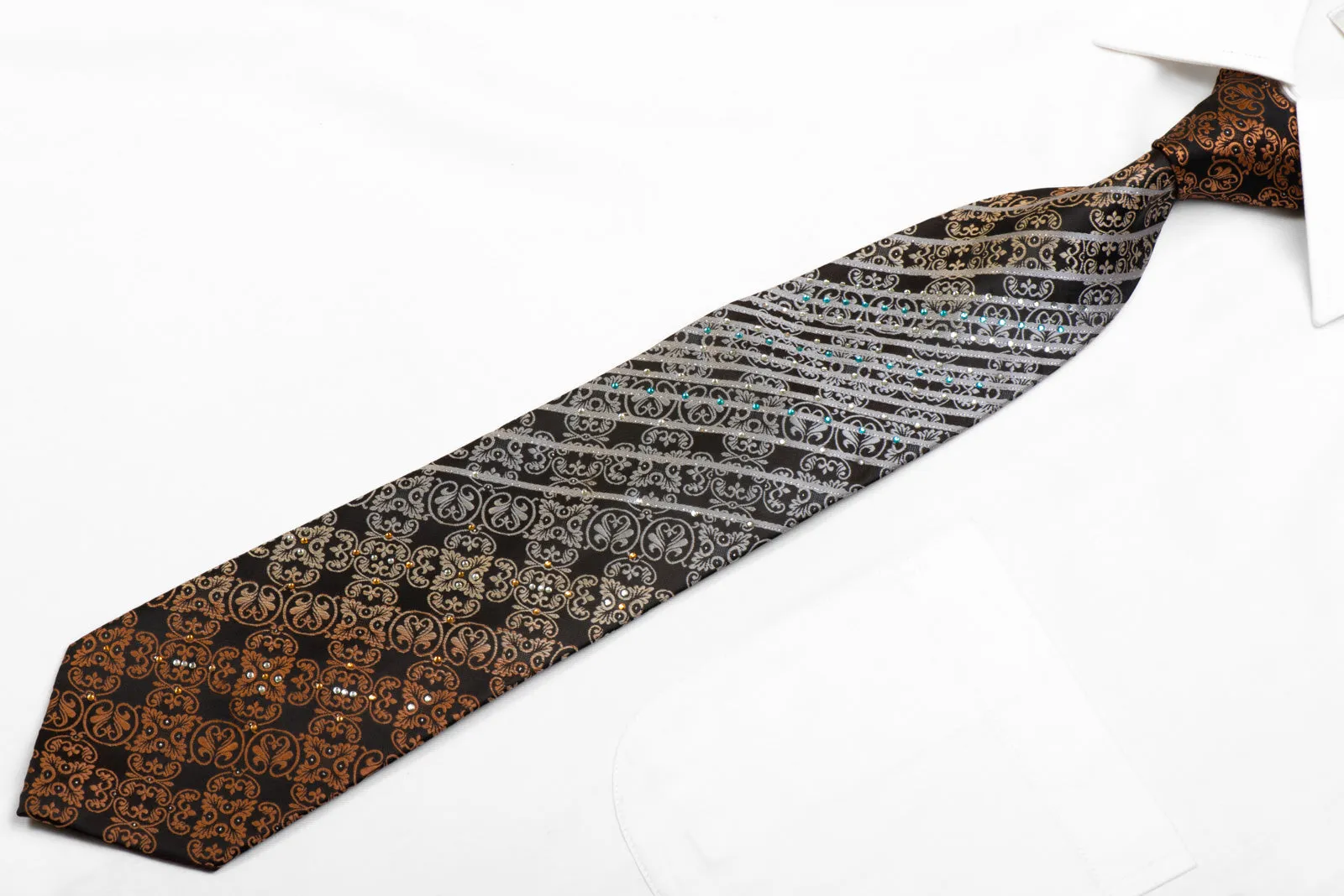 Elegant Blu Moon Silver Brown Striped Anthemion Pattern on Black with Sparkling Accents