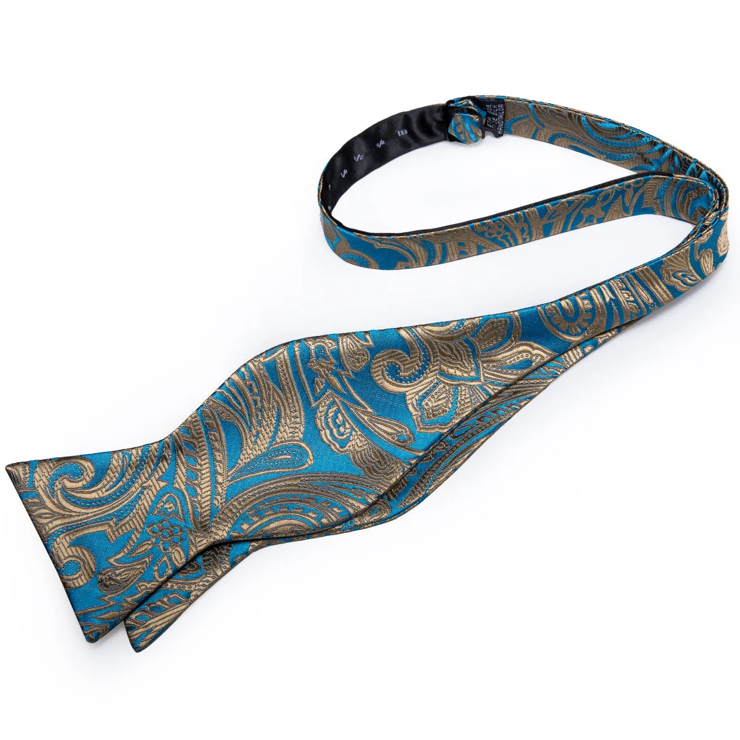 Blue Gold Paisley Self-Bowtie Pocket Square Cufflinks Set