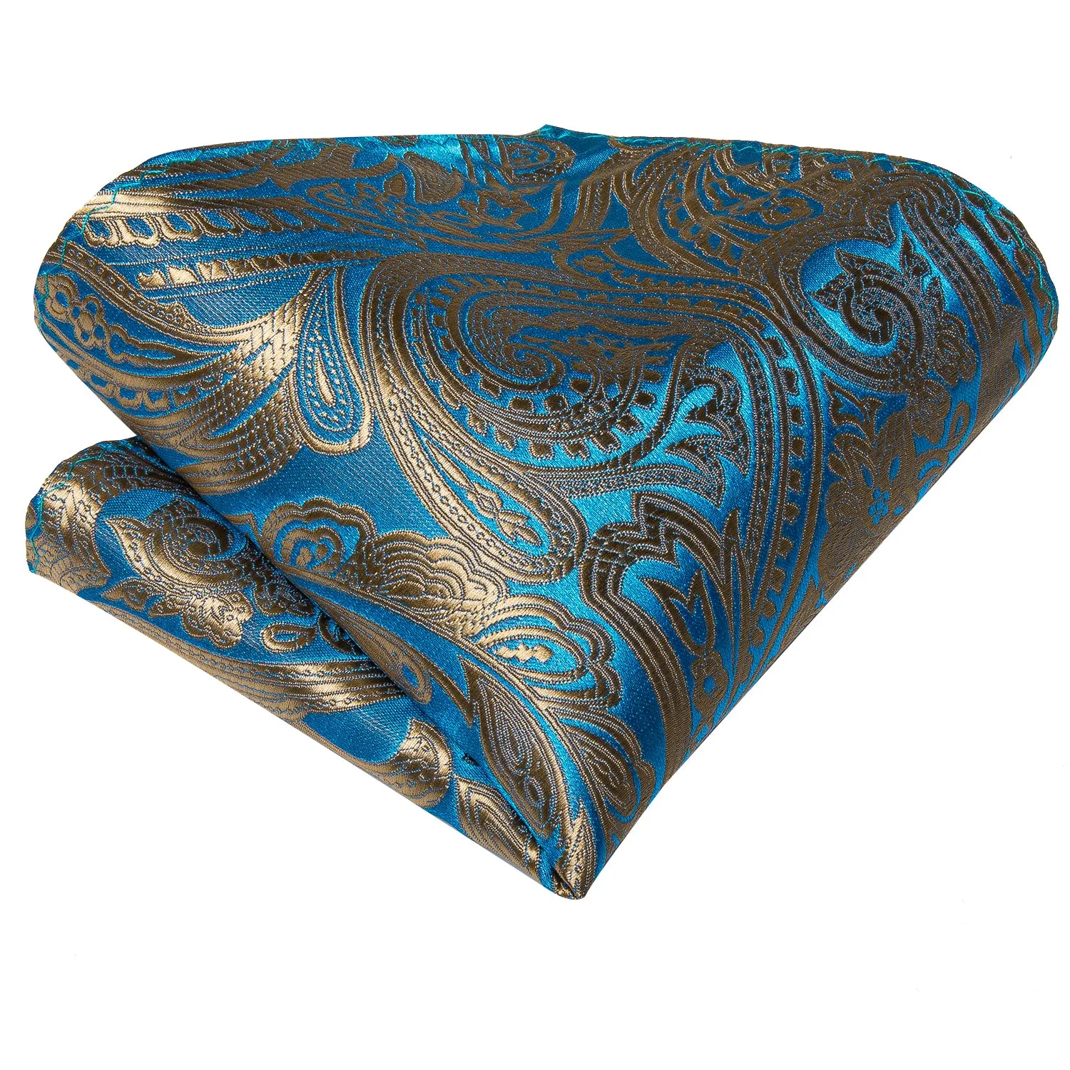 Blue Gold Paisley Self-Bowtie Pocket Square Cufflinks Set