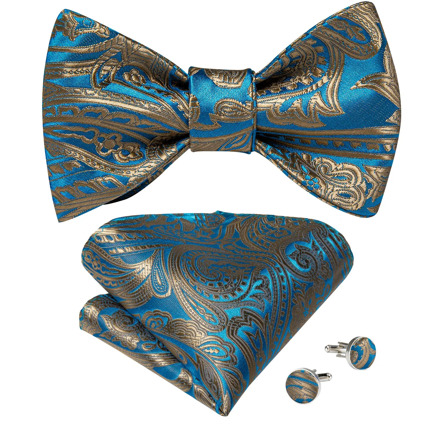 Blue Gold Paisley Self-Bowtie Pocket Square Cufflinks Set