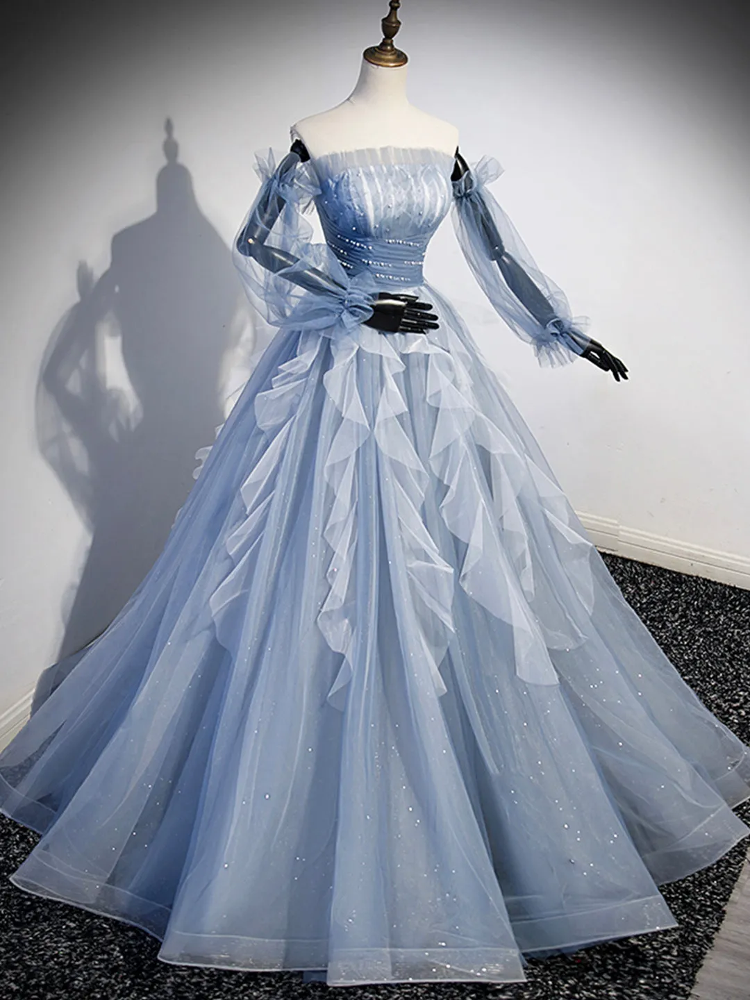Blue Strapless Tulle Long Prom Dress Chic A-Line Formal Dress with Long Sleeves