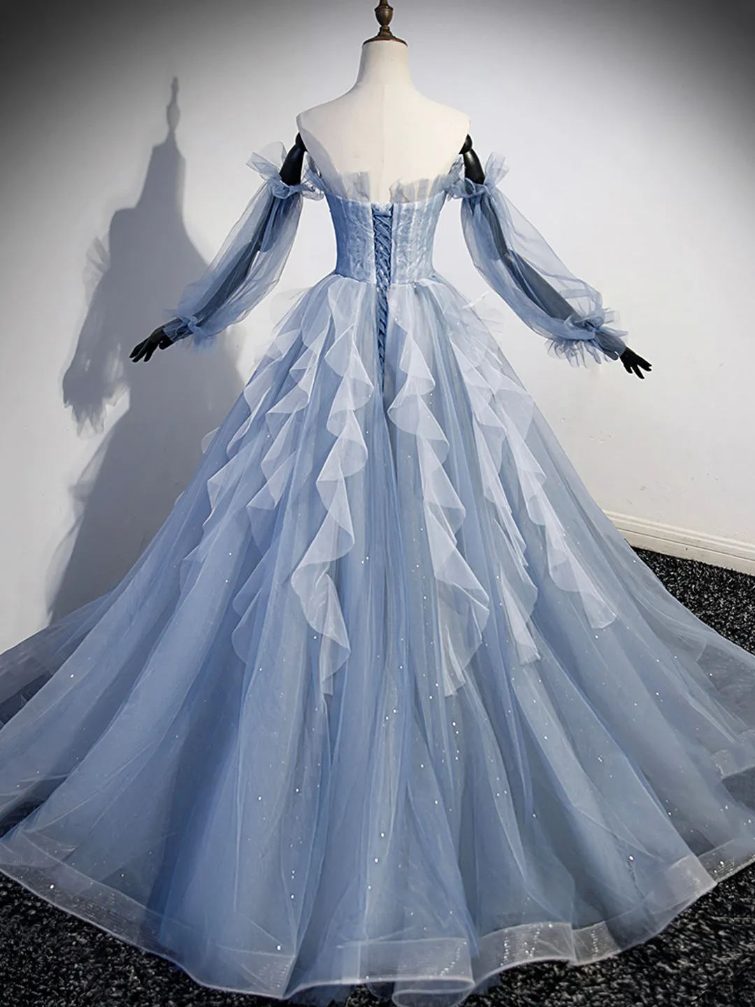 Blue Strapless Tulle Long Prom Dress Chic A-Line Formal Dress with Long Sleeves