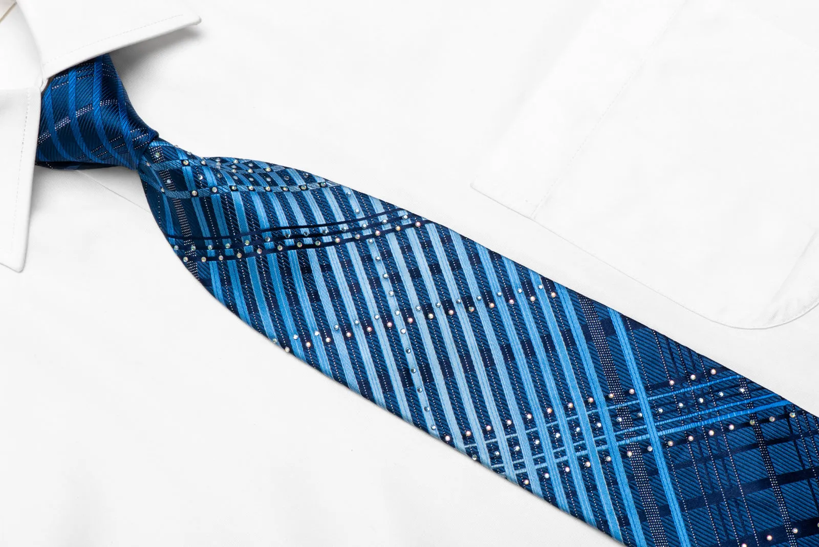 Blue Striped On Navy Rhinestone Silk Necktie With Silver Sparkles
