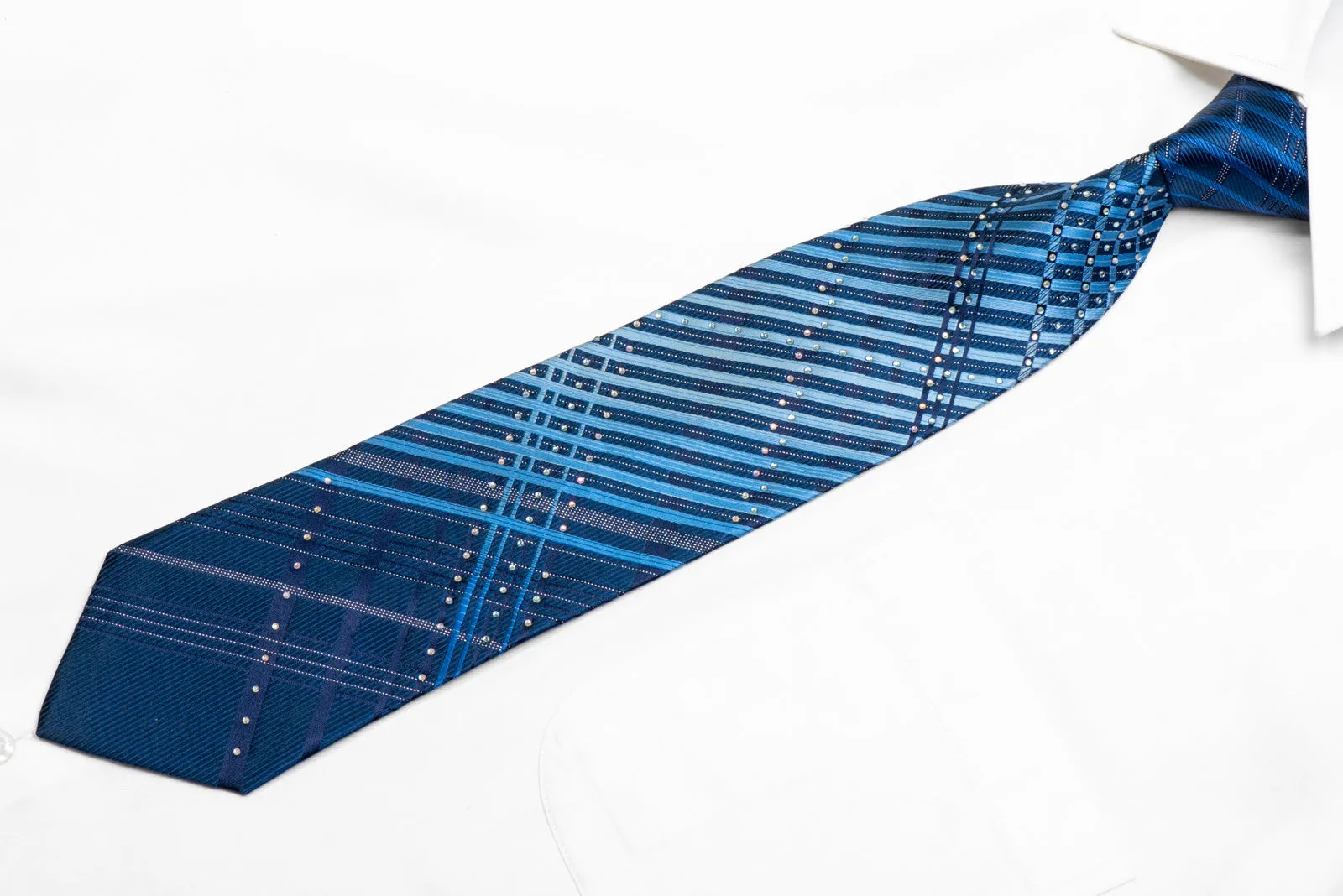 Blue Striped On Navy Rhinestone Silk Necktie With Silver Sparkles