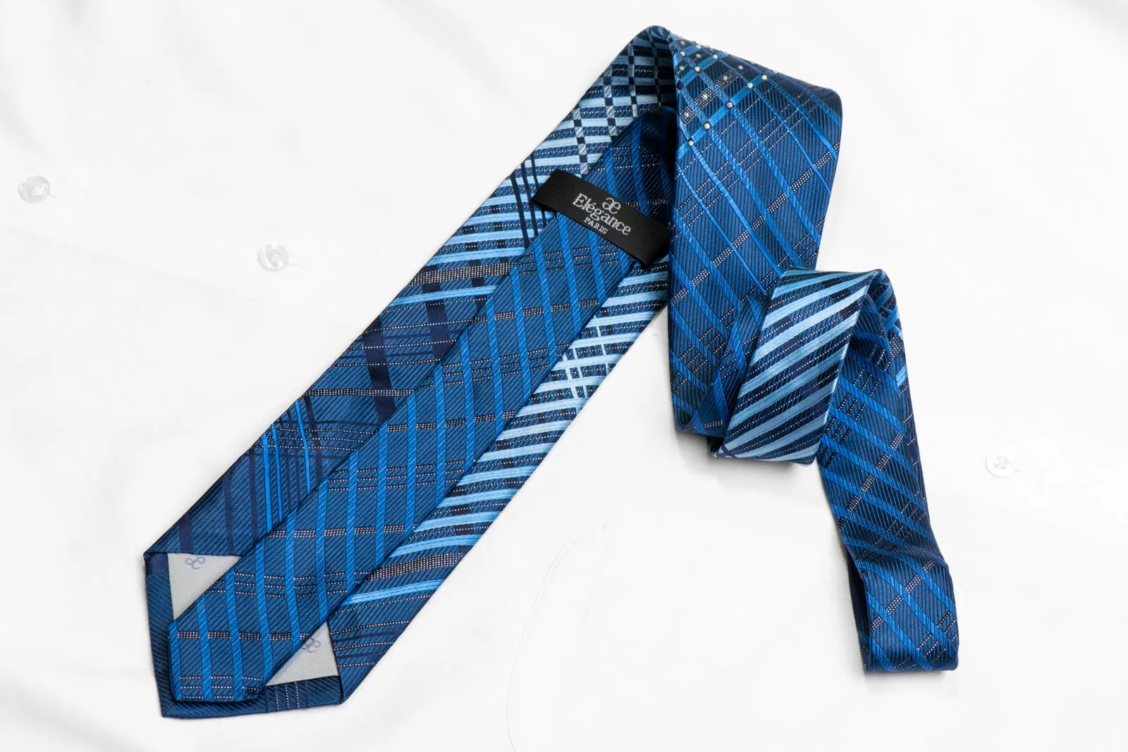 Blue Striped On Navy Rhinestone Silk Necktie With Silver Sparkles