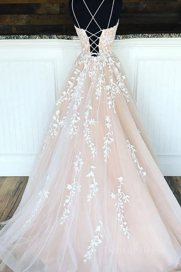 Champagne tulle lace long prom dress champagne tulle formal dress