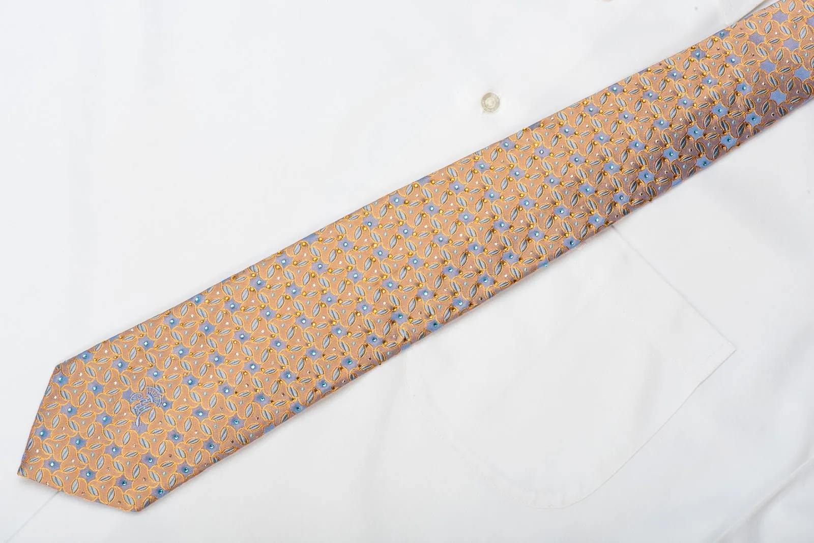 Countess Mara Men's Crystal Silk Necktie Blue Gold Geometric With Silver Sparkles