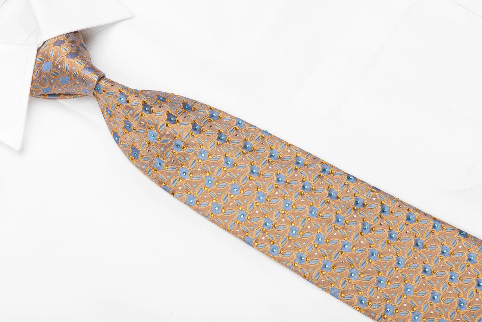 Countess Mara Men's Crystal Silk Necktie Blue Gold Geometric With Silver Sparkles