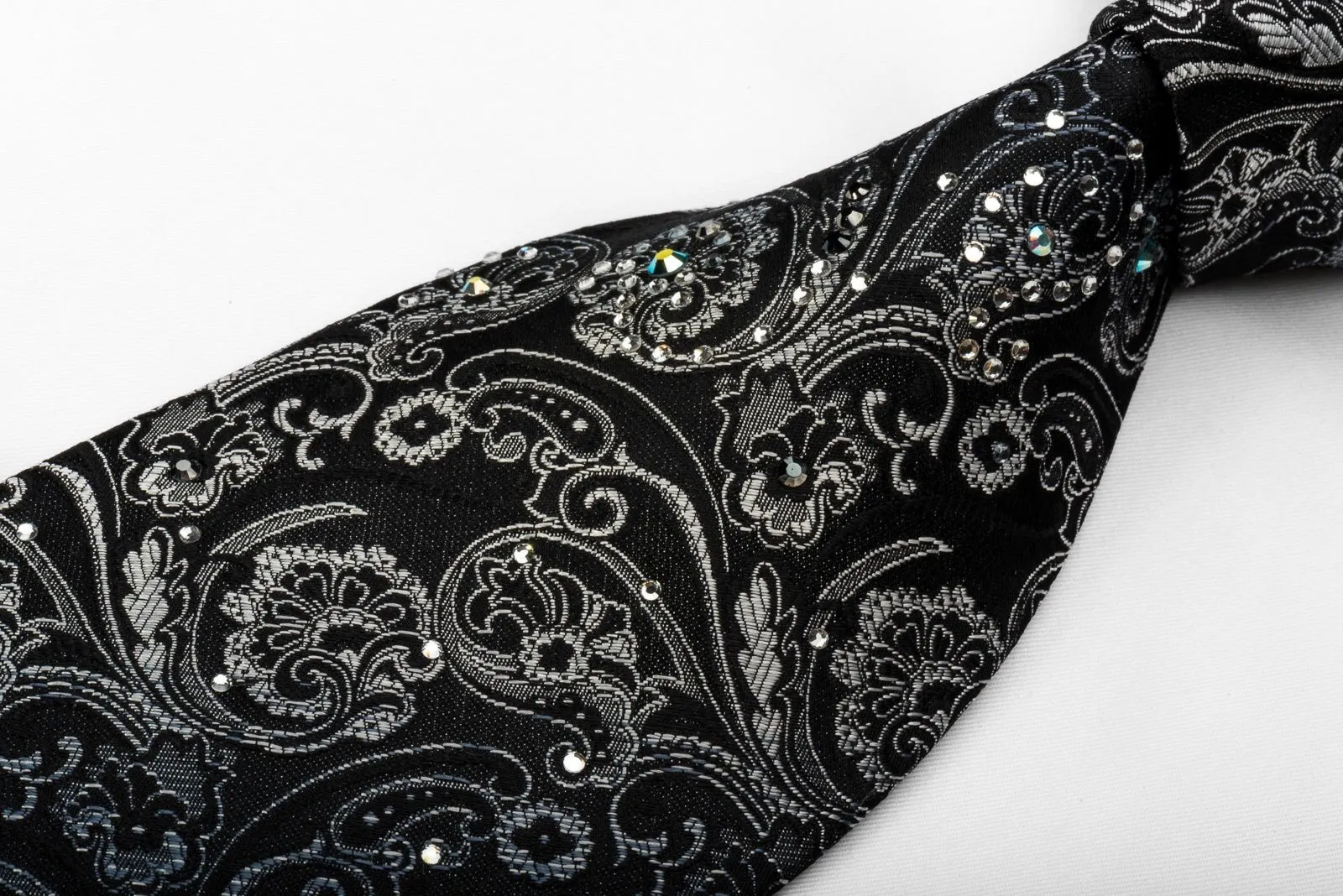 Daniel Hechter Silk Tie Silver Anthemion On Black With Rhinestones