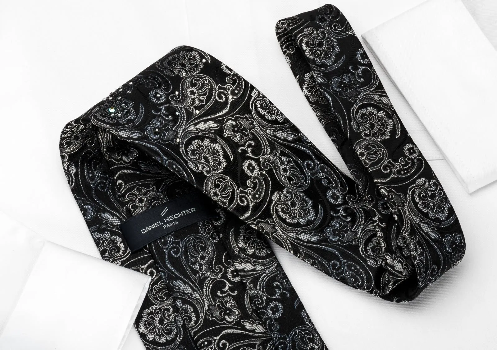 Daniel Hechter Silk Tie Silver Anthemion On Black With Rhinestones