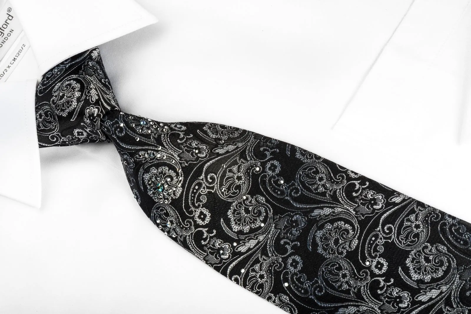 Daniel Hechter Silk Tie Silver Anthemion On Black With Rhinestones