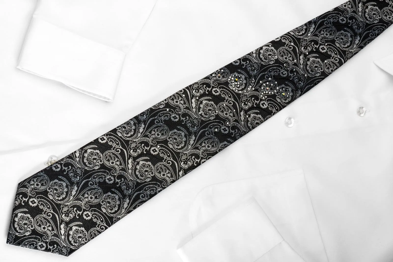 Daniel Hechter Silk Tie Silver Anthemion On Black With Rhinestones