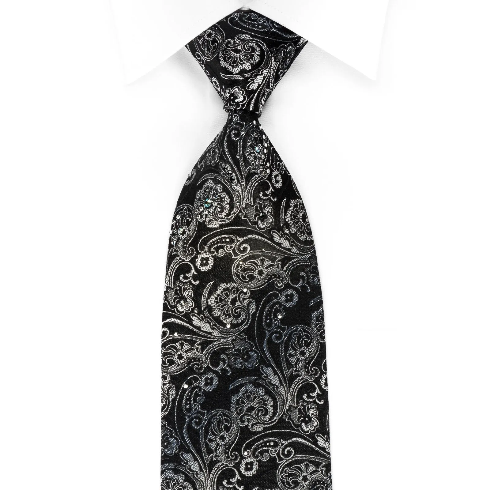 Daniel Hechter Silk Tie Silver Anthemion On Black With Rhinestones