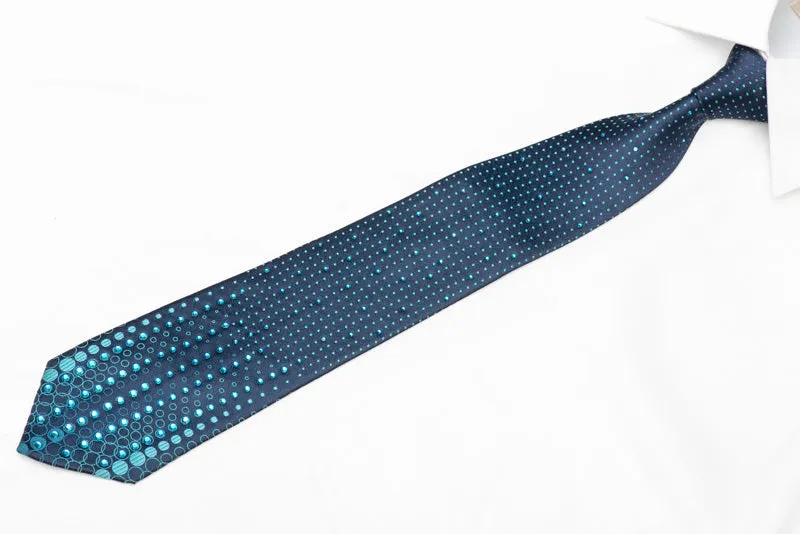 Dots On Dark Blue Rhinestone Silk Necktie With Large Blue Stones