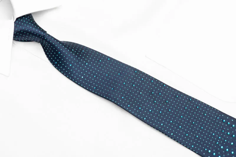 Dots On Dark Blue Rhinestone Silk Necktie With Large Blue Stones