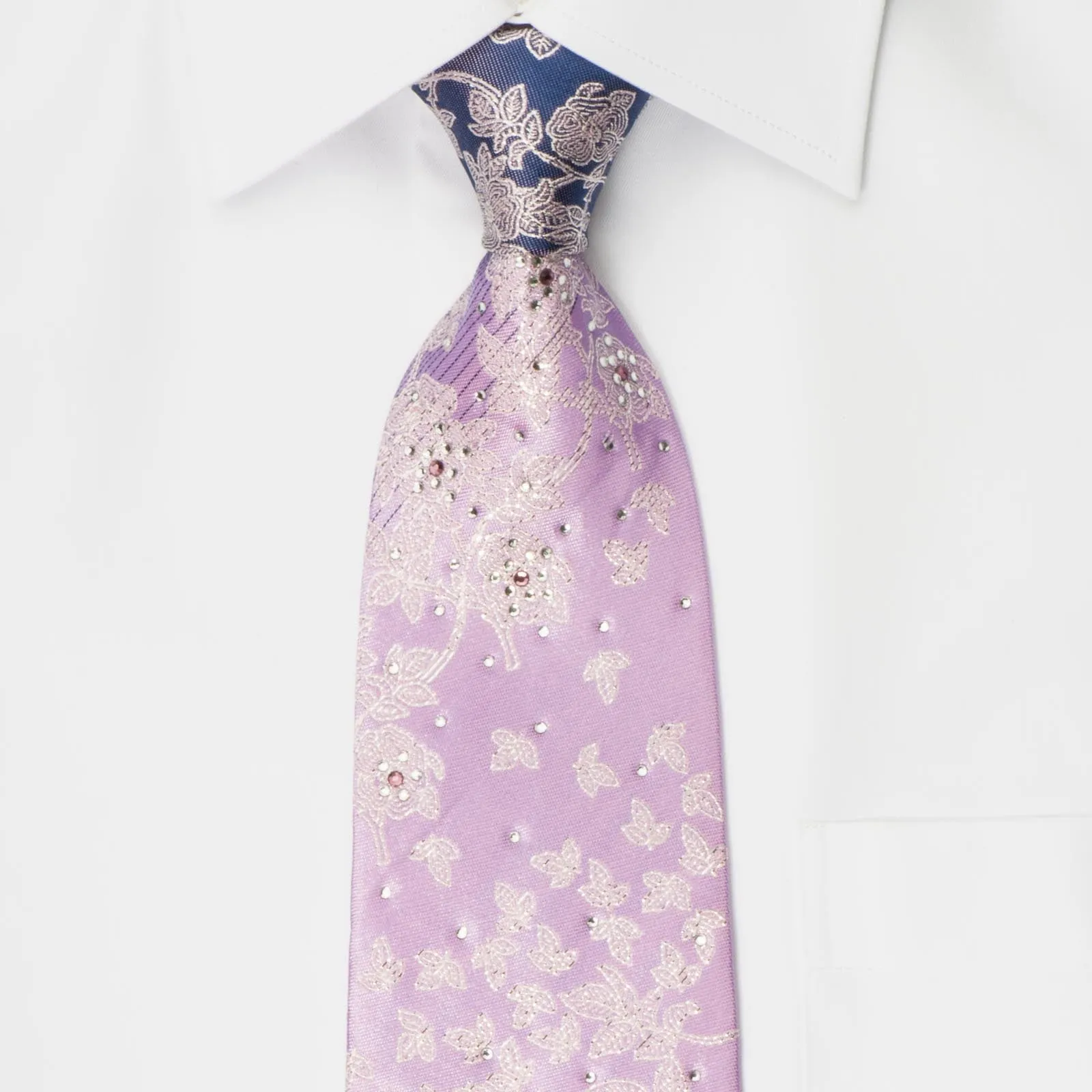 Elegance Silk Neck Tie Silver Floral Design On Mauve Gray With White & Purple Crystal Rhinestones