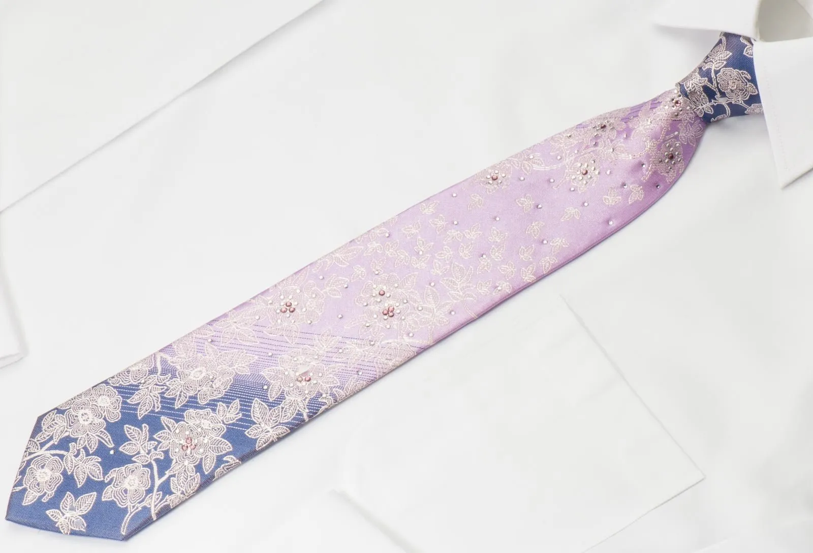 Elegance Silk Neck Tie Silver Floral Design On Mauve Gray With White & Purple Crystal Rhinestones