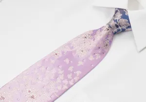 Elegance Silk Neck Tie Silver Floral Design On Mauve Gray With White & Purple Crystal Rhinestones