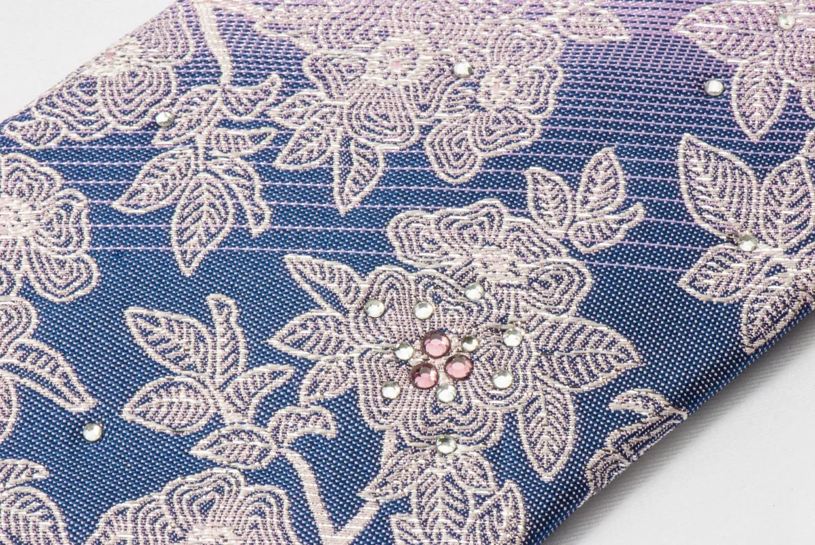 Elegance Silk Neck Tie Silver Floral Design On Mauve Gray With White & Purple Crystal Rhinestones