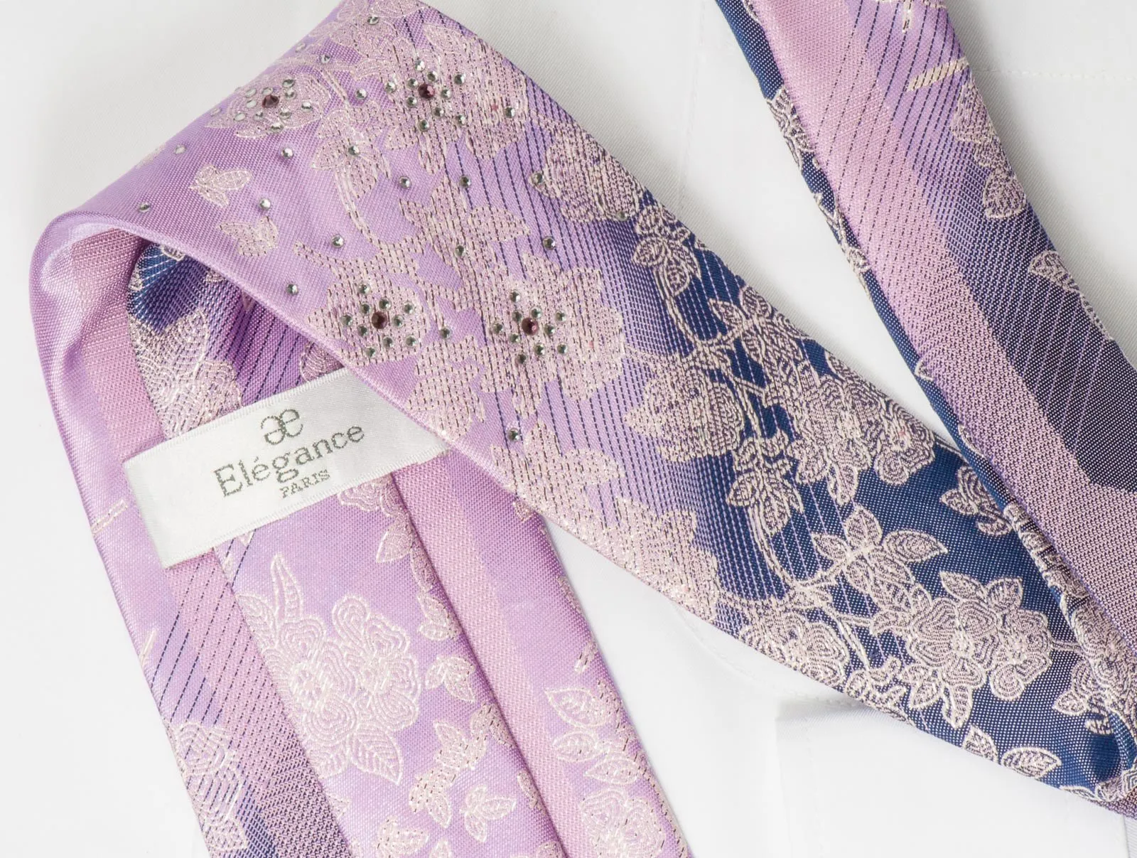 Elegance Silk Neck Tie Silver Floral Design On Mauve Gray With White & Purple Crystal Rhinestones