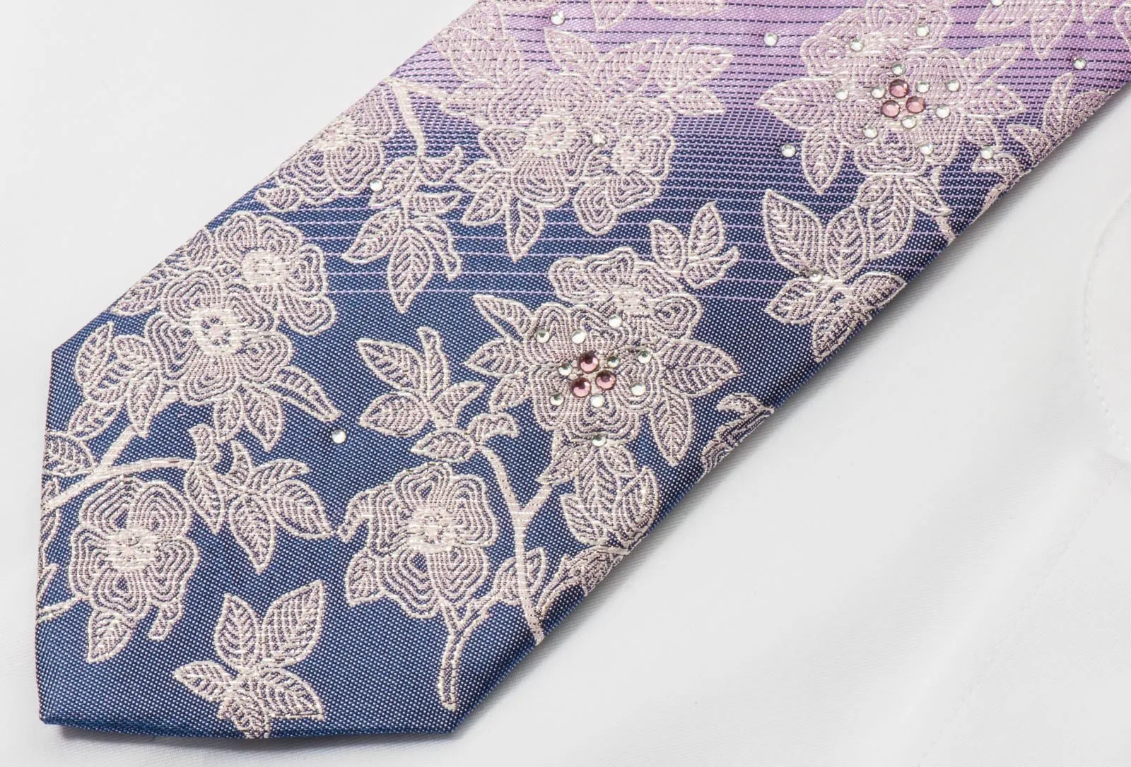 Elegance Silk Neck Tie Silver Floral Design On Mauve Gray With White & Purple Crystal Rhinestones