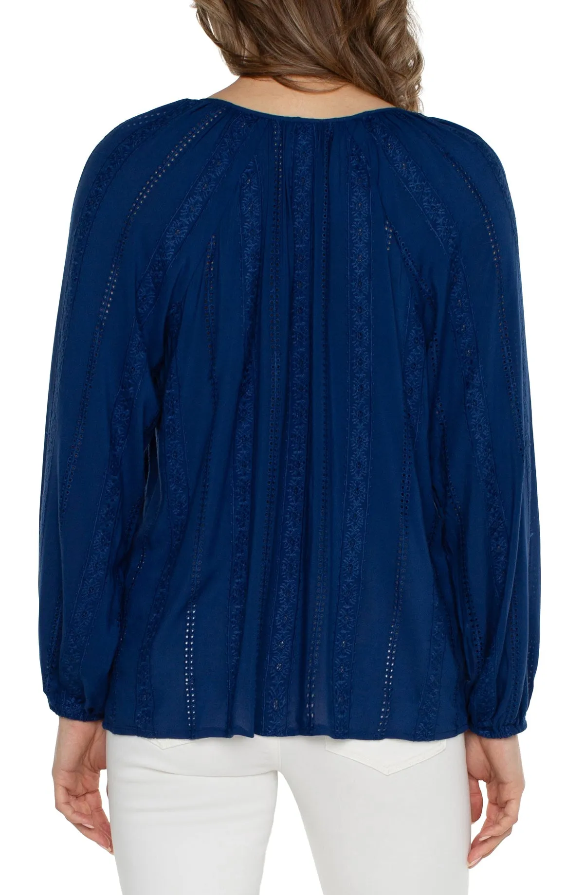 Embroidered Shirred Blouse w/Neck Ties - Night Sky Blue