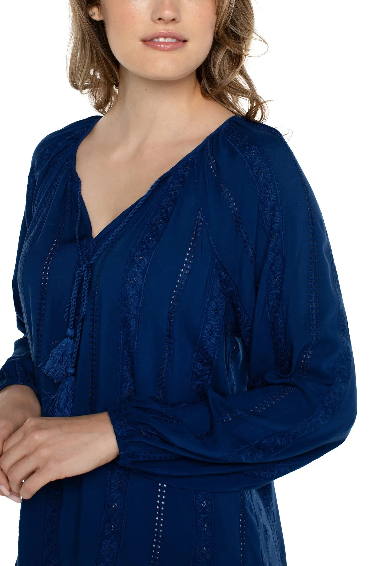 Embroidered Shirred Blouse w/Neck Ties - Night Sky Blue