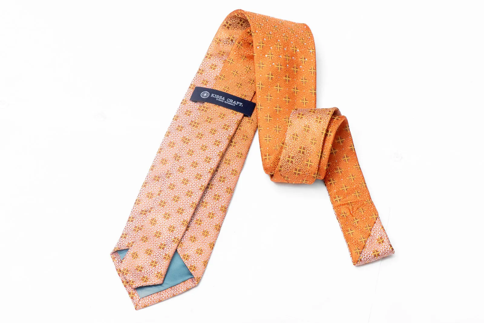 Geometric Design On Orange Rhinestone Silk Necktie With Silver Sparkles