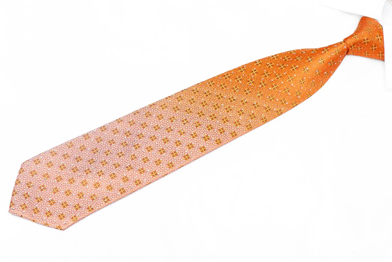 Geometric Design On Orange Rhinestone Silk Necktie With Silver Sparkles
