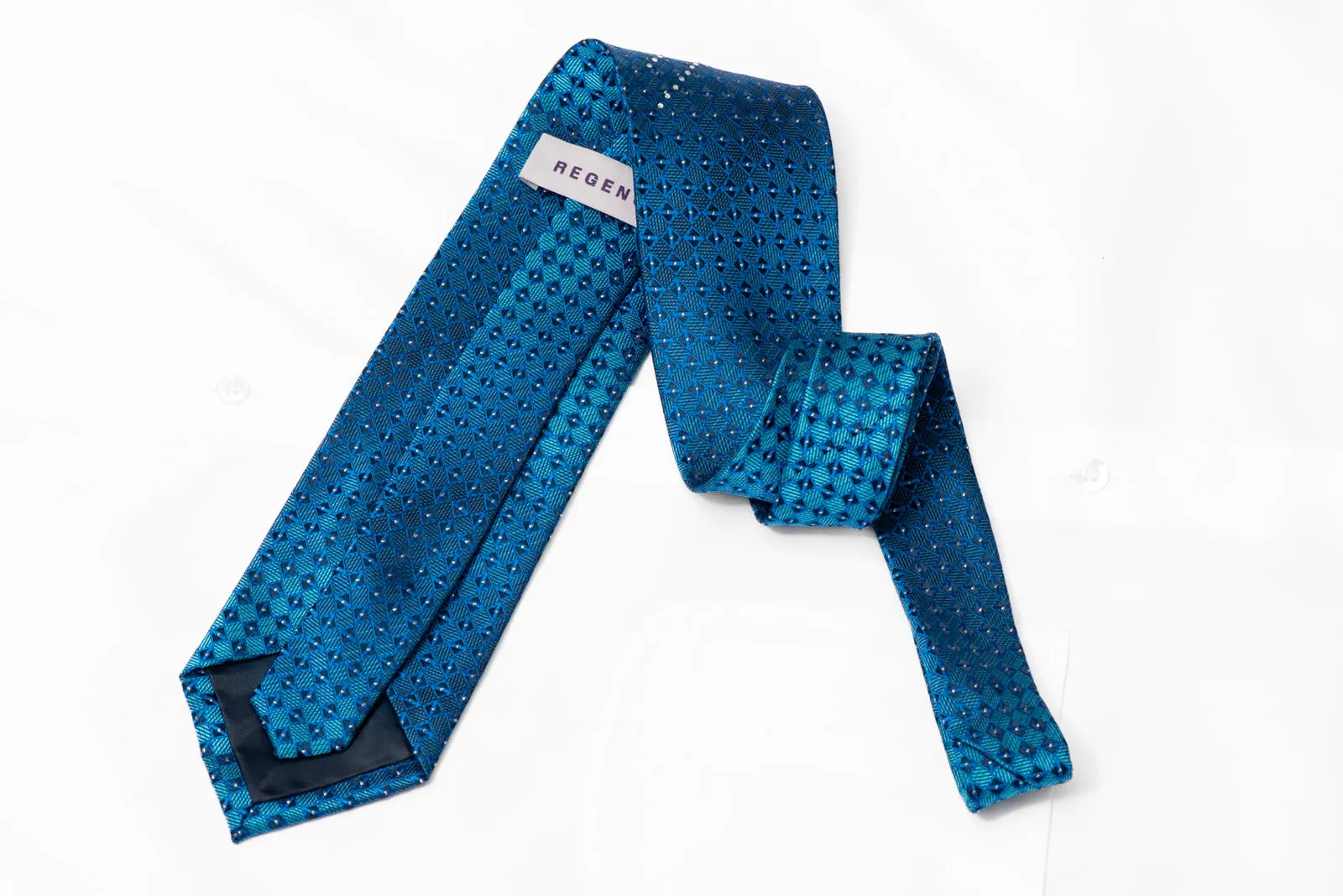 Geometric On Blue Rhinestone Silk Necktie With Silver Sparkles