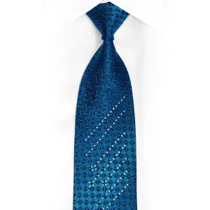 Geometric On Blue Rhinestone Silk Necktie With Silver Sparkles