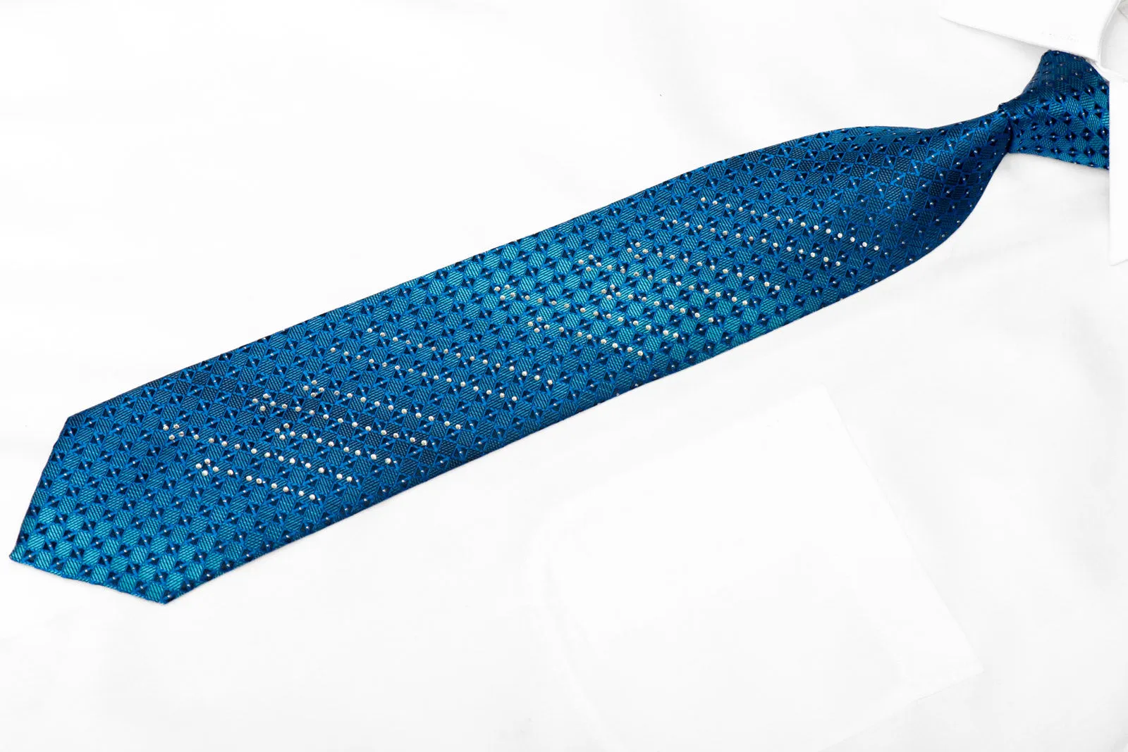 Geometric On Blue Rhinestone Silk Necktie With Silver Sparkles