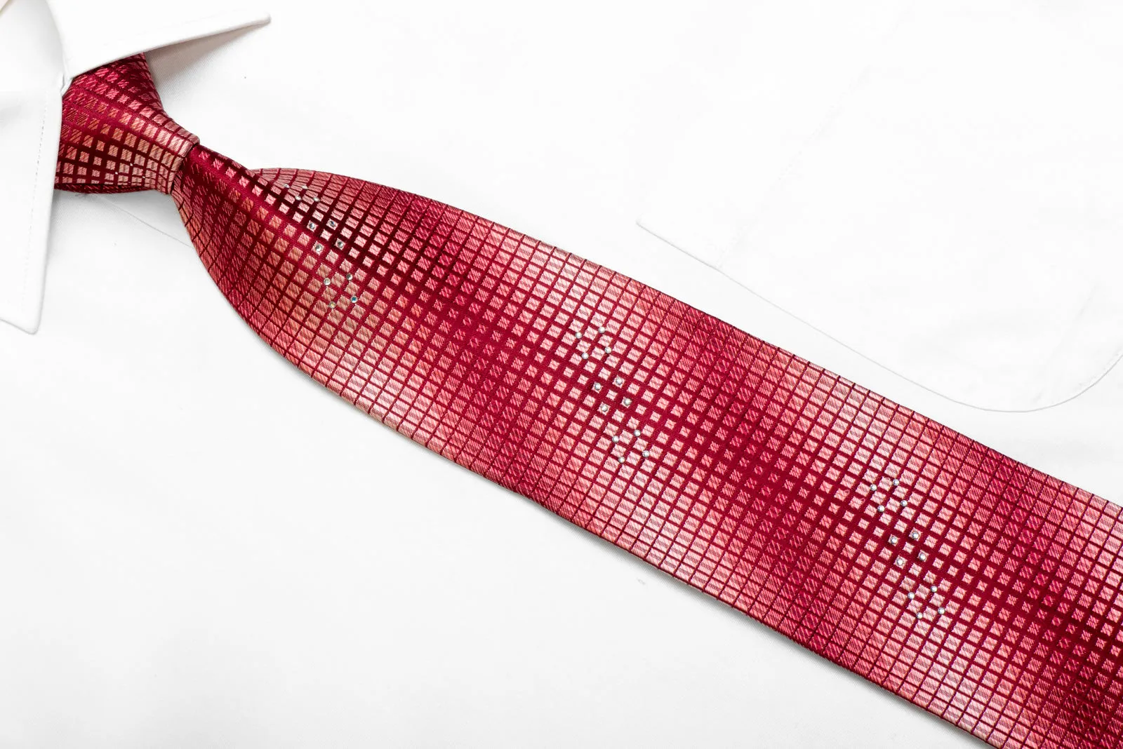 Geometric On Red Burgundy Rhinestone Silk Necktie With Sparkles