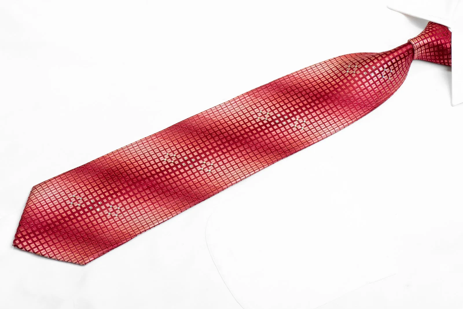 Geometric On Red Burgundy Rhinestone Silk Necktie With Sparkles