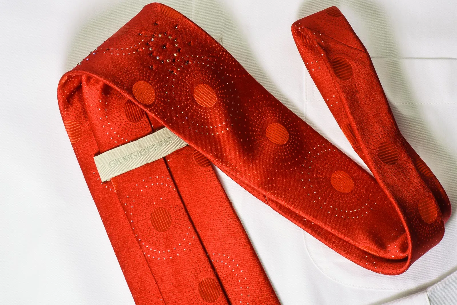 Giorgio Ferri Rhinestone Silk Tie Medallions On Red With Silver Sparkles