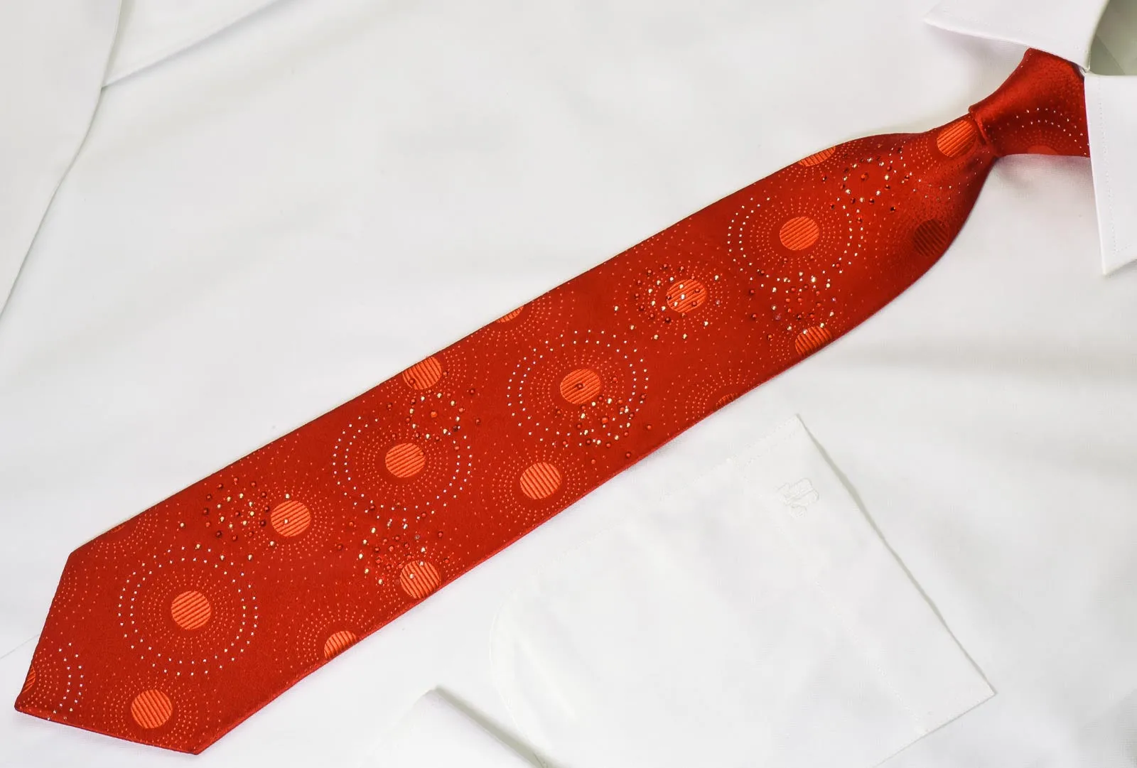 Giorgio Ferri Rhinestone Silk Tie Medallions On Red With Silver Sparkles