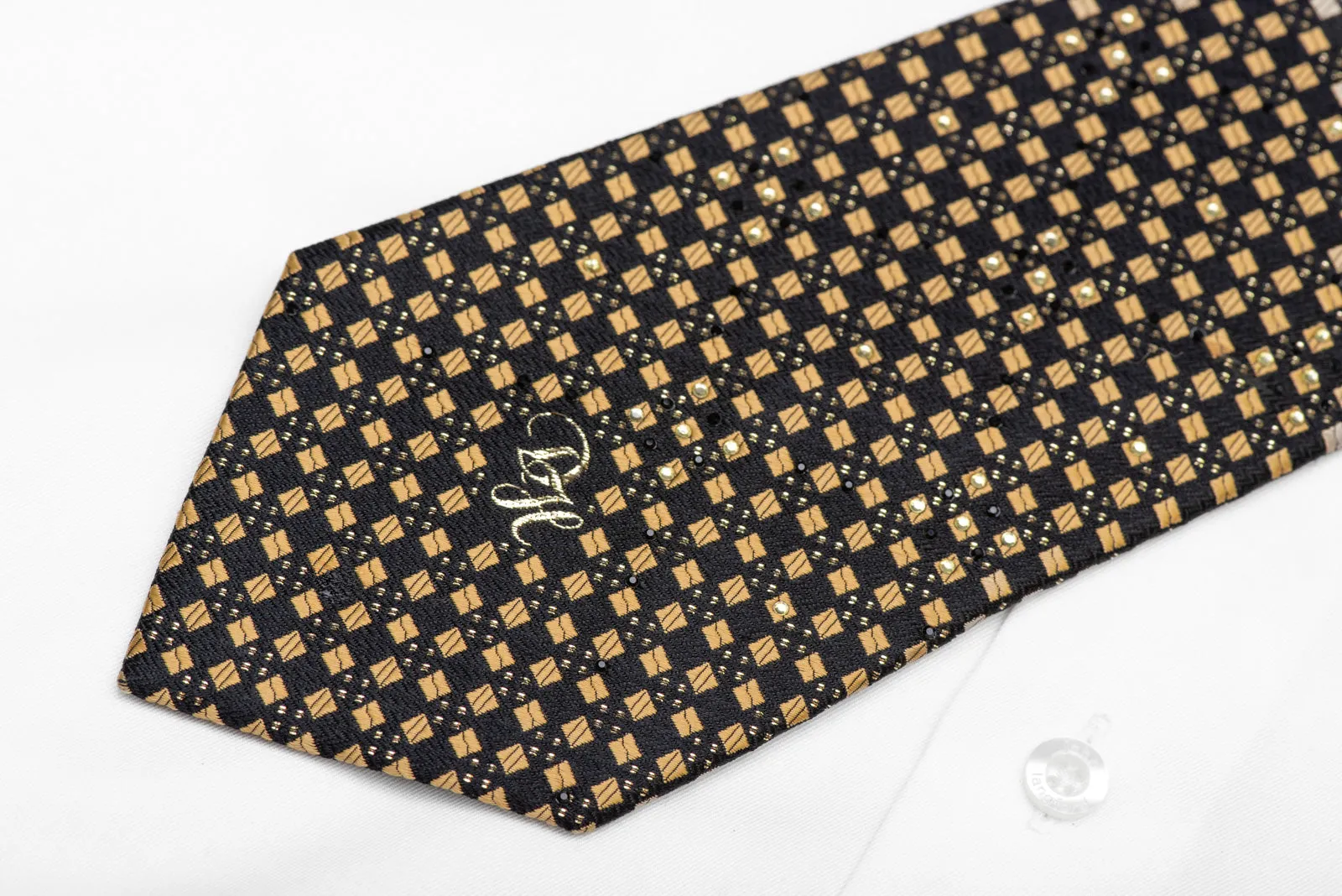 Gold Geometric Squares On Black Rhinestone Silk Necktie With Gold Sparkles