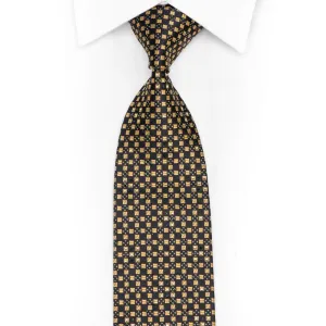 Gold Geometric Squares On Black Rhinestone Silk Necktie With Gold Sparkles