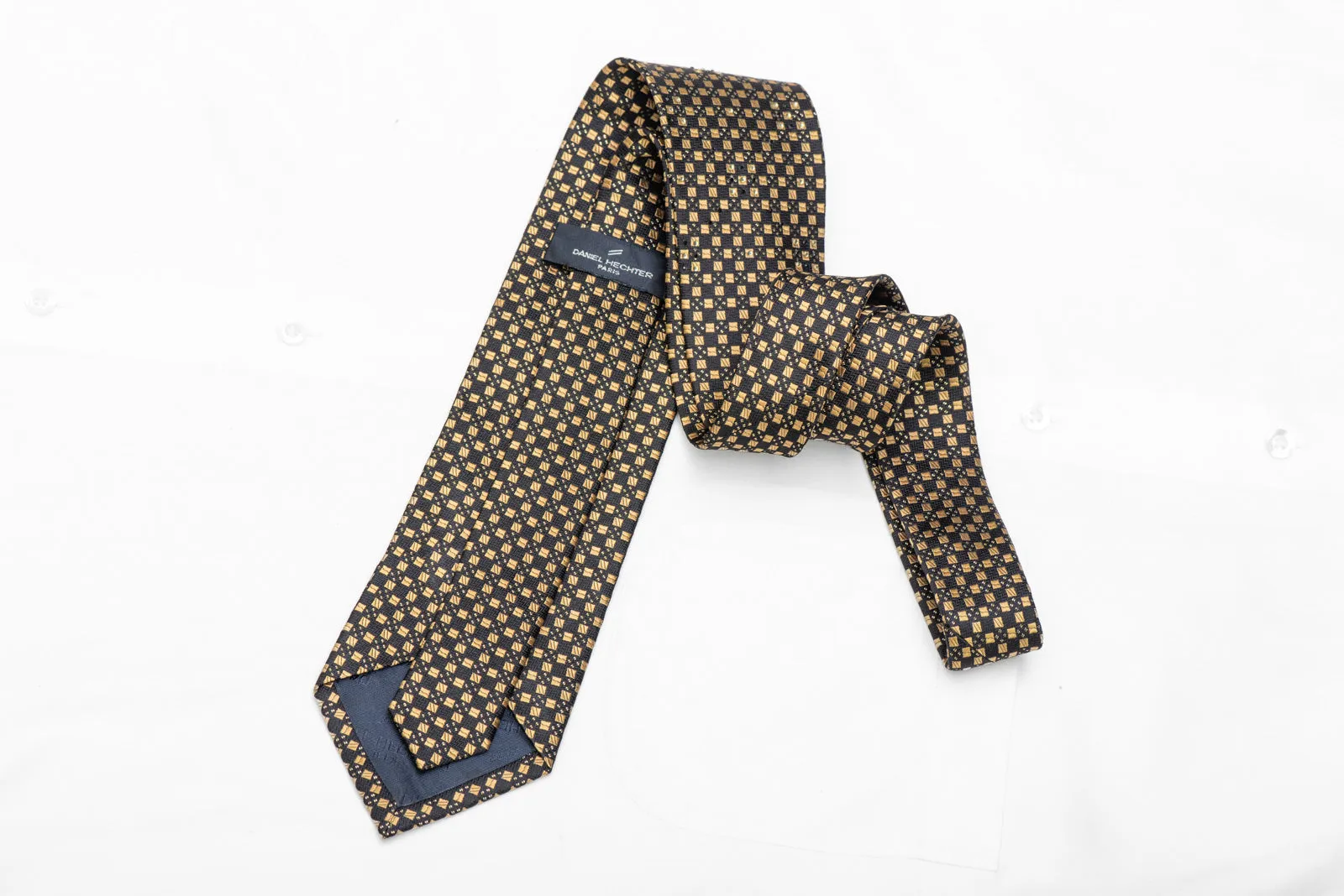 Gold Geometric Squares On Black Rhinestone Silk Necktie With Gold Sparkles