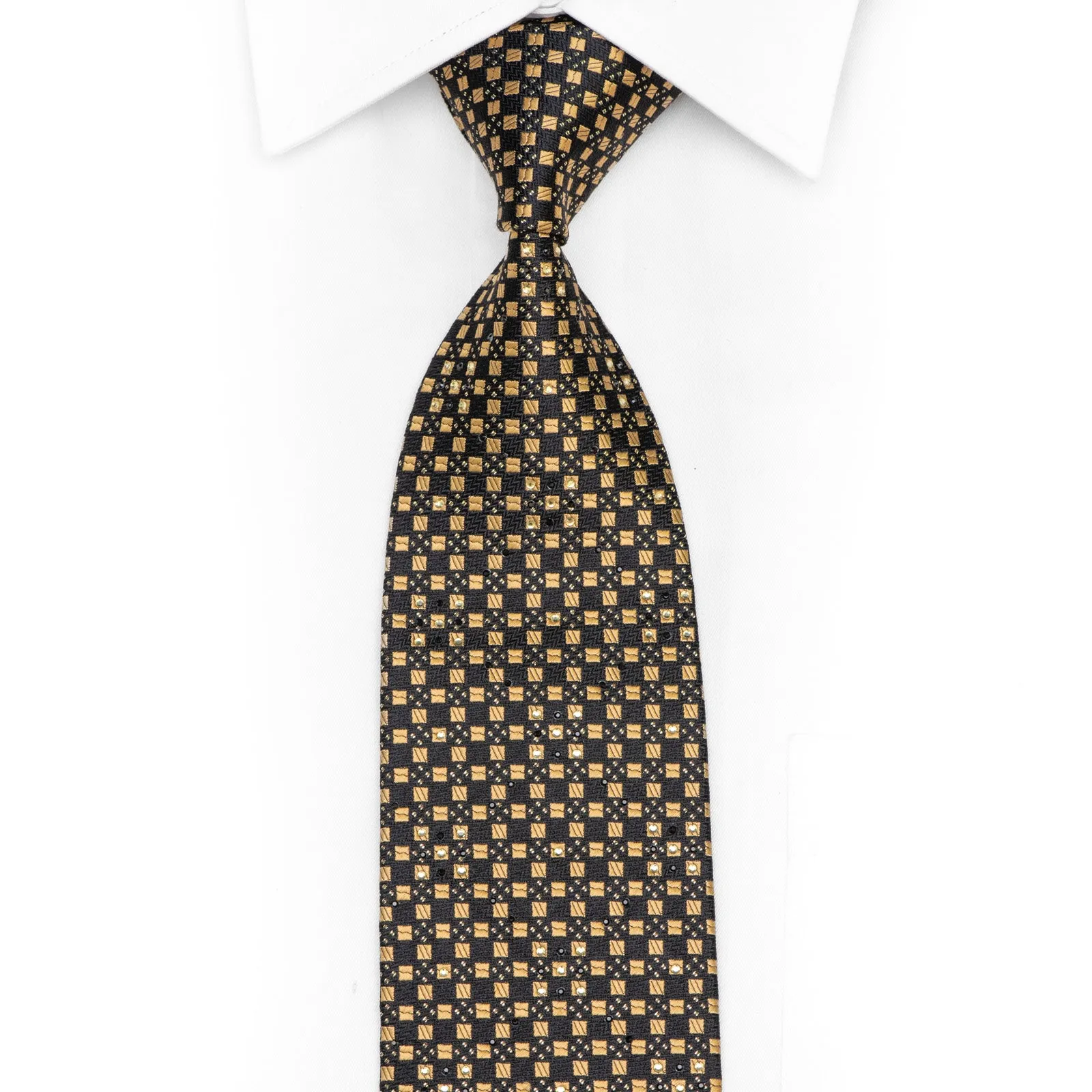 Gold Geometric Squares On Black Rhinestone Silk Necktie With Gold Sparkles