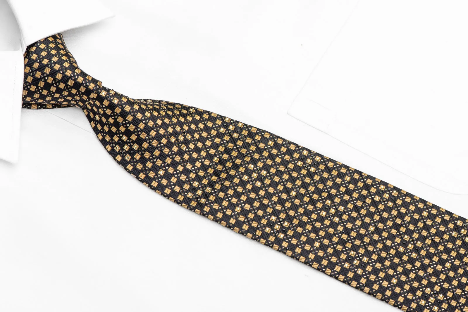 Gold Geometric Squares On Black Rhinestone Silk Necktie With Gold Sparkles