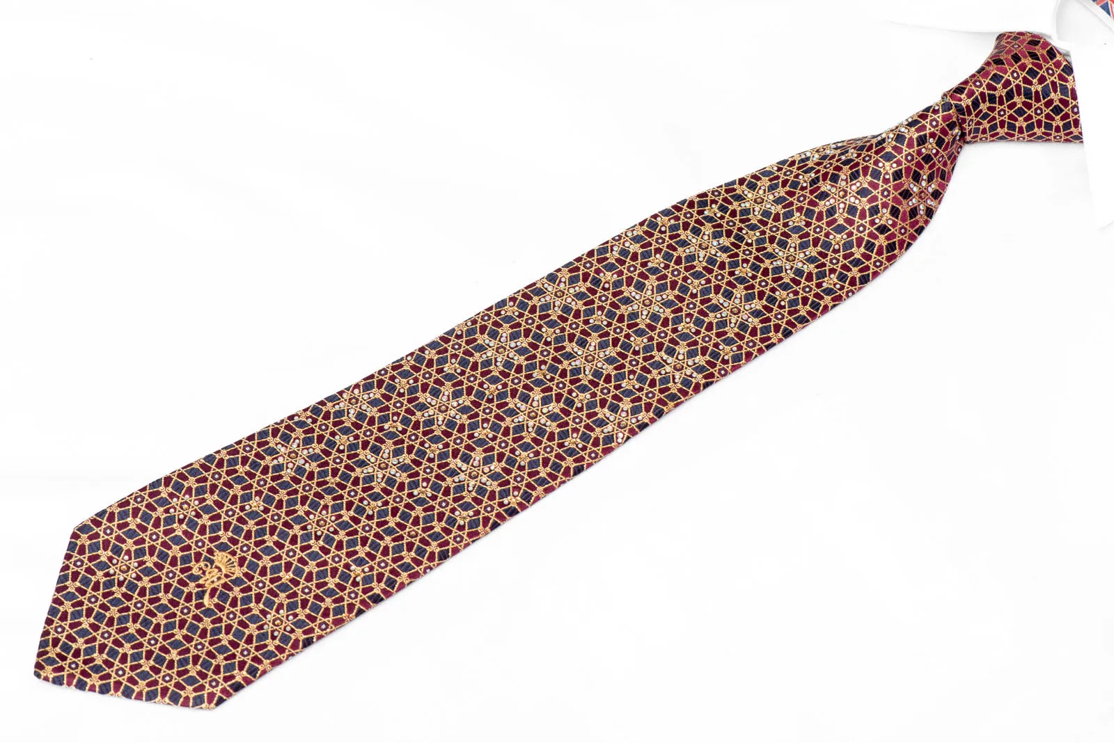 Gold Geometric Trellis On Burgundy Blue Rhinestone Silk Tie With Gold Sparkles