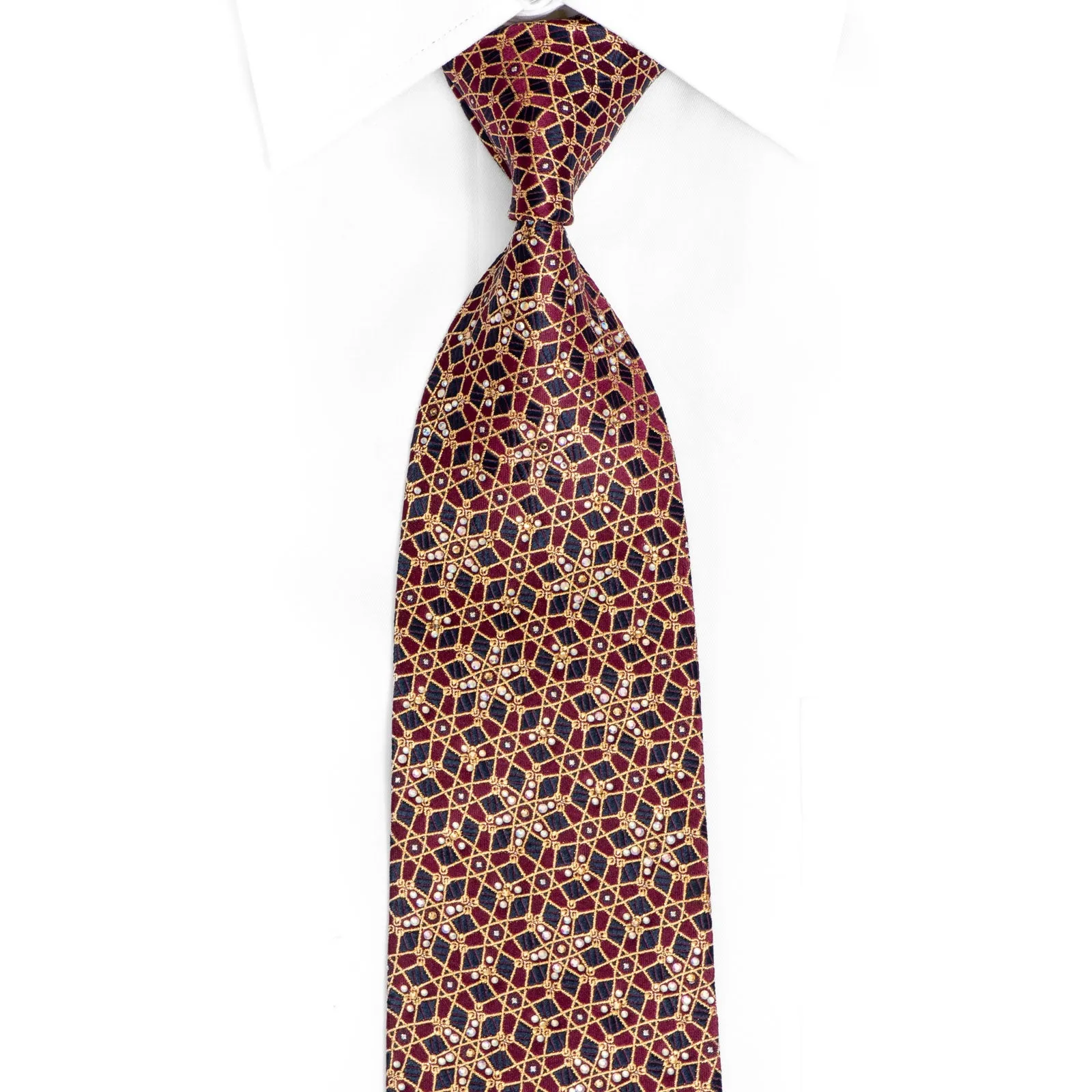 Gold Geometric Trellis On Burgundy Blue Rhinestone Silk Tie With Gold Sparkles